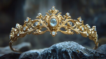 Elegant golden tiara adorned with precious gems resting on a textured stone surface display