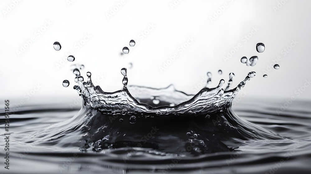Poster Dynamic splash of clear transparent water creating a striking monochrome minimalist design with geometric patterns and copy space  Powerful energetic liquid motion captured in black and white