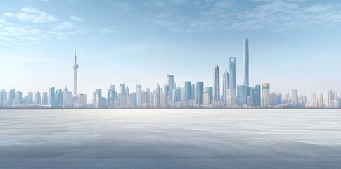 Empty asphalt road and city skyline background with copy space, urban landscape.