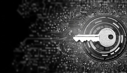 Obraz premium Futuristic digital key for cybersecurity access , World Password Day, black and white