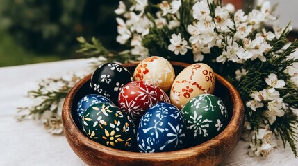 Fototapeta premium Colorful Decorated Eggs in Wooden Bowl White Flowers on White Table Decorative Design Closeup.