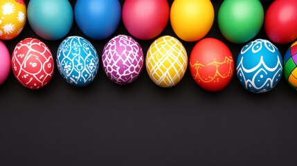 Colorful Decorated Eggs On Dark Surface Arranged In Two Lines For Easter Celebration.