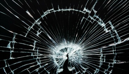 super slow motion studio full frame wide plate shot of window glass pane shattering and breaking on black background real smash explosion at high speed as action concept template and overlay element