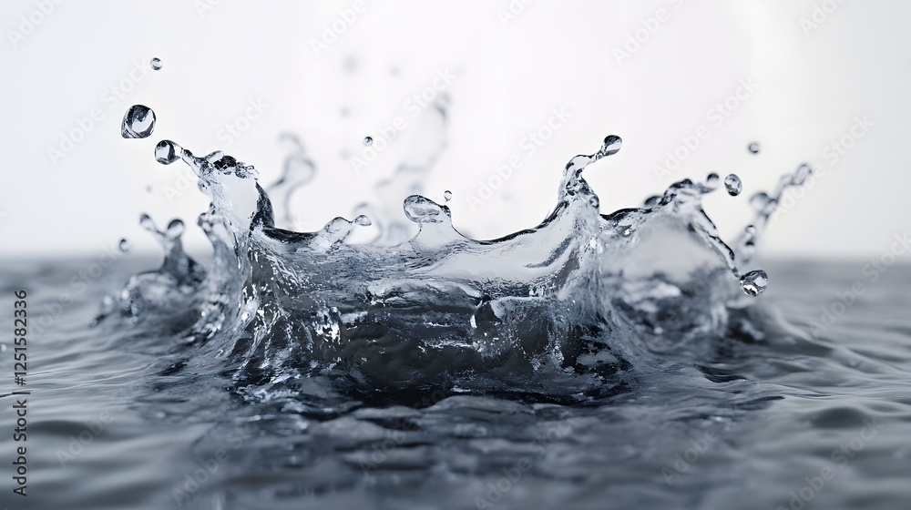Poster Dynamic splash of water droplets creating abstract patterns and reflective textures on a calm surface  The movement and fluidity of the liquid showcases the natural power and energy of water