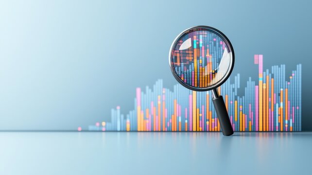 A magnifying glass focuses on colorful data charts, symbolizing analysis, insight, and the importance of data visualization in decision-making.
