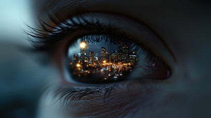 Naklejka premium A close-up of an eye reflecting a vibrant city skyline at night, showcasing the interplay of light and vision.