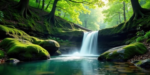 Fototapeta premium Serene Waterfall Cascading Through Lush Moss-Covered Rocks in a Tranquil Forest