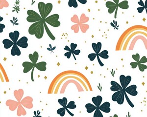 Obraz premium A minimalist wallpaper featuring small, repeating clovers and rainbows with tiny gold sparkles on a clean white background, modern and cheerful