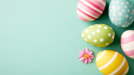 Fototapeta premium Colorful Easter Eggs and a Flower Decoration on a Light Turquoise Background Surface.