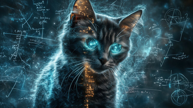 glowing schrodinger cat with blue eyes surrounded by scientific equations and symbols