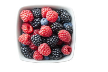 Vibrant mixed berries in a white bowl. A white bowl filled with vibrant raspberries, blackberries, and blueberries, showcasing a healthy and colorful fruit selection.