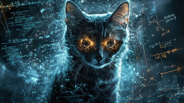 mysterious depiction of schroedinger cat with glowing eyes and cosmic elements
