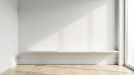 Fototapeta premium Simple White Shelf Against a Wall with Sunlight Streaming Through a Window