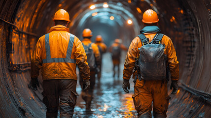 Construction crew working in tunnel, wearing safety gear and helmets