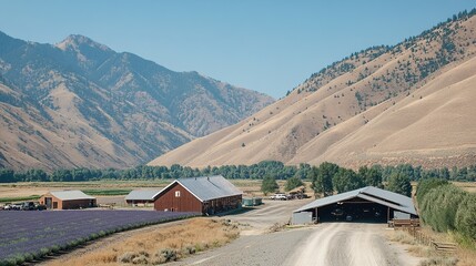 Lavender farm nestled in mountain valley, sunny day
