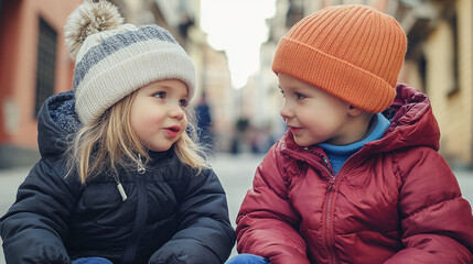 Fototapeta premium A couple of adorable kids. A boy and a girl are talking while sitting on the street. First love. Valentine's day greeting card