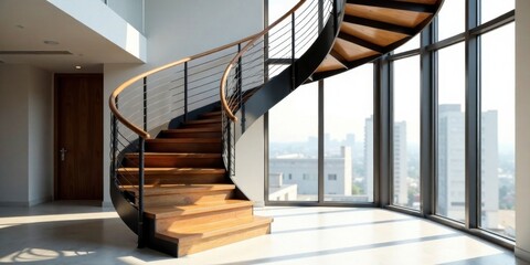 Modern wooden spiral staircase with metal railing near large windows overlooking cityscape
