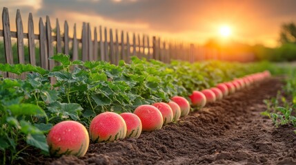 Sunset melon field harvest, rural fence