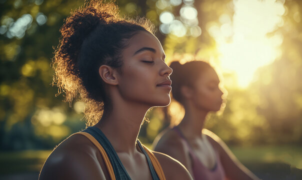 Empowering women through mindfulness meditation community park photography natural light close-up view self-reflection for inner strength