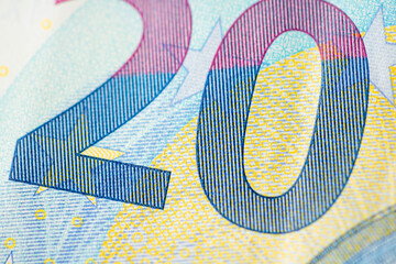 Detailed Close-Up of Number Twenty on a Textured euro Currency Note