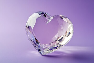 A faceted clear crystal heart sits against a purple backdrop