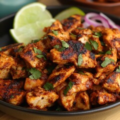 Fototapeta premium Grilled chicken pieces seasoned with spices and garnished with fresh cilantro and lime wedges on a plate. Generative AI
