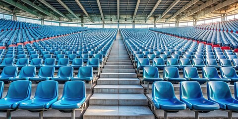 Naklejka premium Empty plastic stadium seats in a vast, empty arena with rows upon rows of vacant seats stretching into the distance