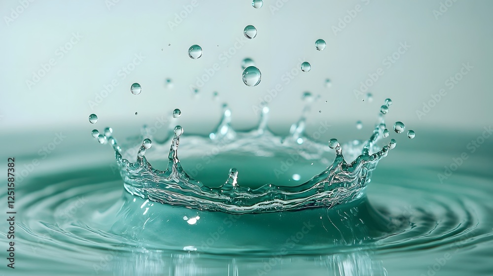 Aufkleber Elegant Water Drop Splash with Rippling Crown and Bubbles on Tranquil Surface  Beautiful natural phenomenon with dynamic movement soft focus and serene minimalist design