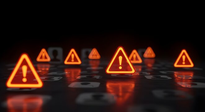 S&iacute;mbolos de advertencia digitales sobre perfiles virtuales sobre fondo oscuro