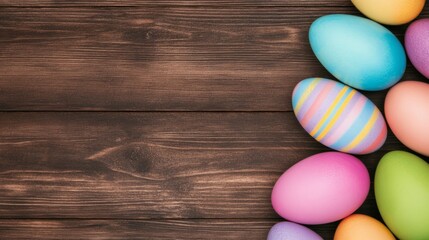 Colorful Easter Eggs Arranged on a Wooden Surface Top View.