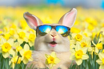 Fototapeta premium Cute Easter Bunny with Sunglasses Posing in Yellow Daffodil Flowers, Spring Holiday Theme