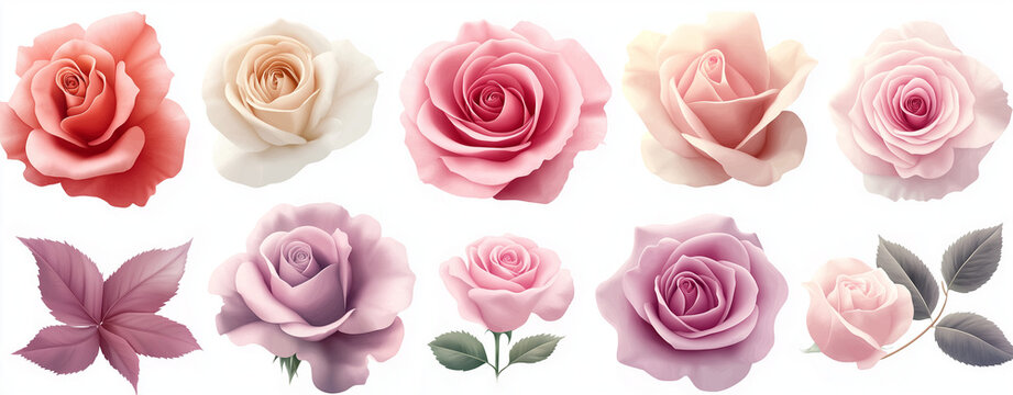 Cute pink floral elements collection, vector illustration with a white background. Floral flowers and leaves for wedding or party decoration design