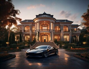 Opulent Mansion with Expensive Sports Car Generated image