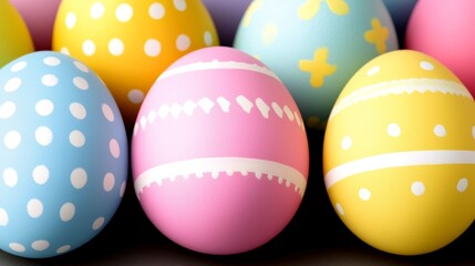 Obraz premium Colorful Easter Eggs Arranged Together With Different Painted Designs And Bright Hues.