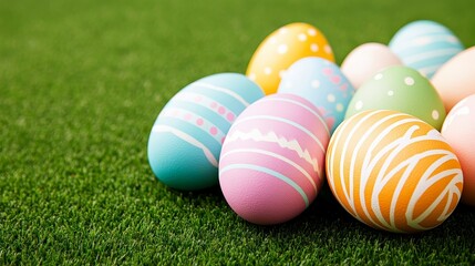 Fototapeta premium Colorful Easter Eggs Arrangement on Green Grass with Festive Patterns and Bright Colors.
