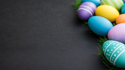 Colorful Easter Eggs Arrangement on Grass Against Dark Surface Festive Spring Celebration.