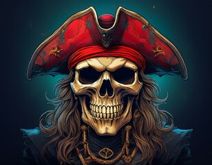 a pirate skull wearing a red tricorn hat