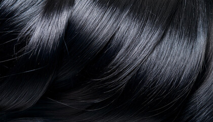 sleek and shiny jet black hair close up on dark background