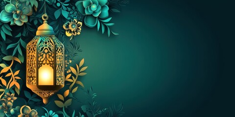 Elegant Ramadan Lantern with Teal Floral Design: A Festive Islamic Greeting Card