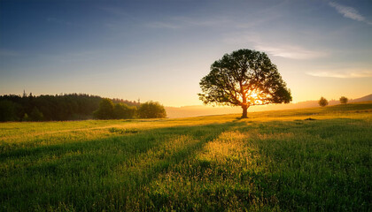 Fototapeta premium serene sunrise illuminating a majestic tree on a verdant meadow