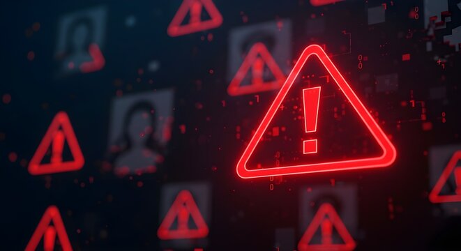 S&iacute;mbolos de advertencia digitales sobre perfiles virtuales sobre fondo oscuro