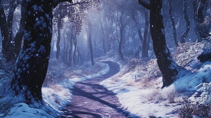 A photo of a winter forest with a winding path leading deeper into the woods, inviting the viewer to explore.