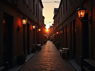 Obraz premium Sun illuminating quiet alleyway with vintage lanterns in old town