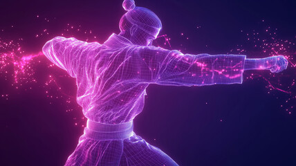 Karateka in a digital wireframe glowing display representing martial arts power