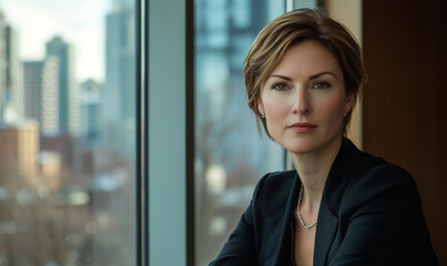 A professional woman with short hair poses confidently by a large window, showcasing a cityscape in the background.