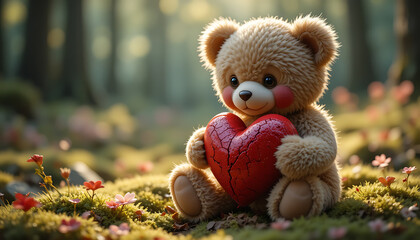 Adorable teddy bear holding a heart in a forest setting.