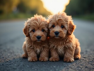 Fototapeta premium Two adorable puppies sitting together at sunset