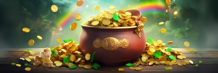 Golden coins overflowing from a pot with shamrocks at the end of a rainbow, representing irish folklore, luck, and wealth, banner