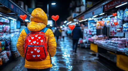 Colorful Night Street with Heart Balloons
