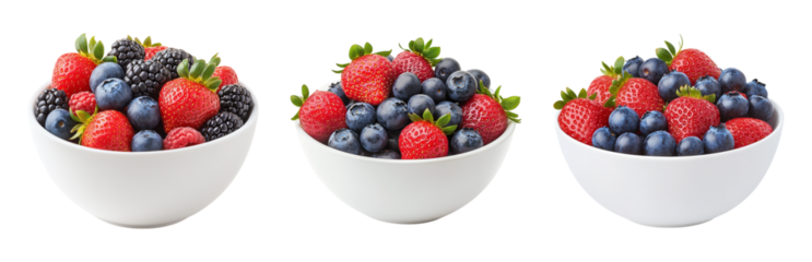 Fresh Berries in White Bowls on Isolated  Isolated on transparent background